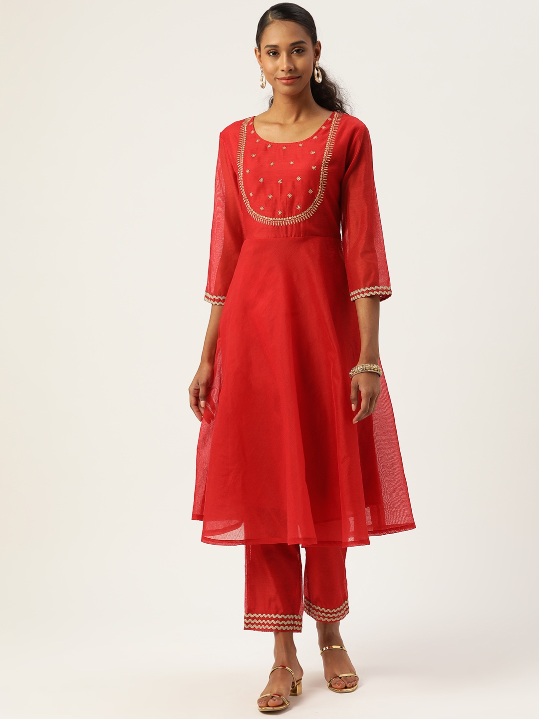 

Aayna Women Red Ethnic Motifs Embroidered Zari Chanderi Silk Anarkali Kurta & Trousers