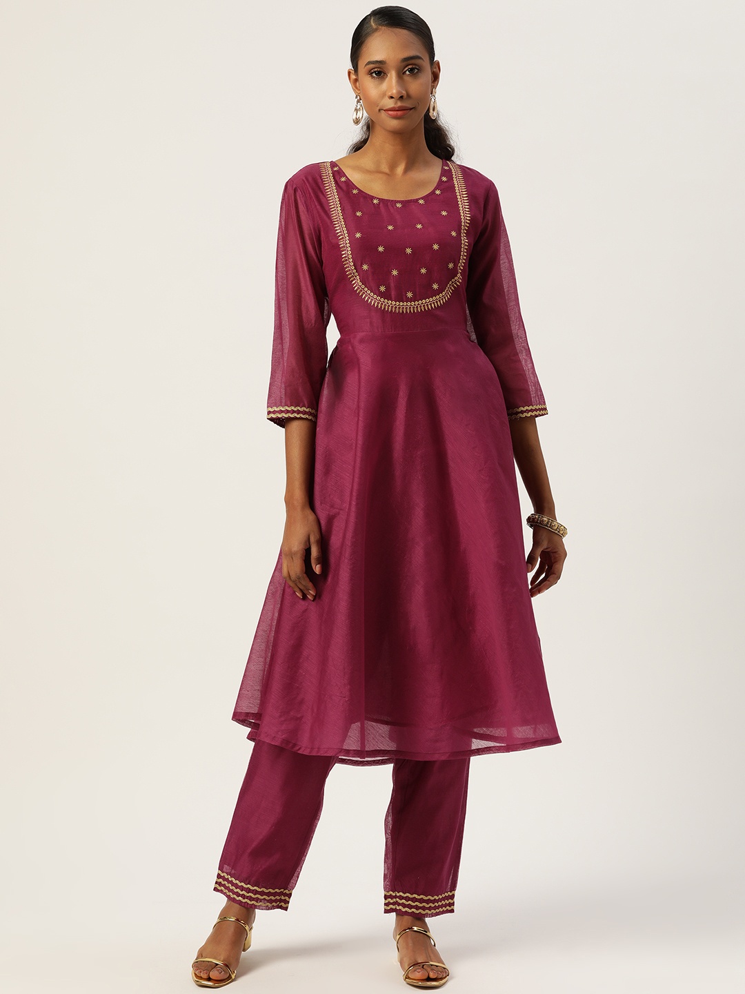 

Aayna Women Burgundy Ethnic Motifs Embroidered Chanderi Silk Anarkali Kurta & Trousers