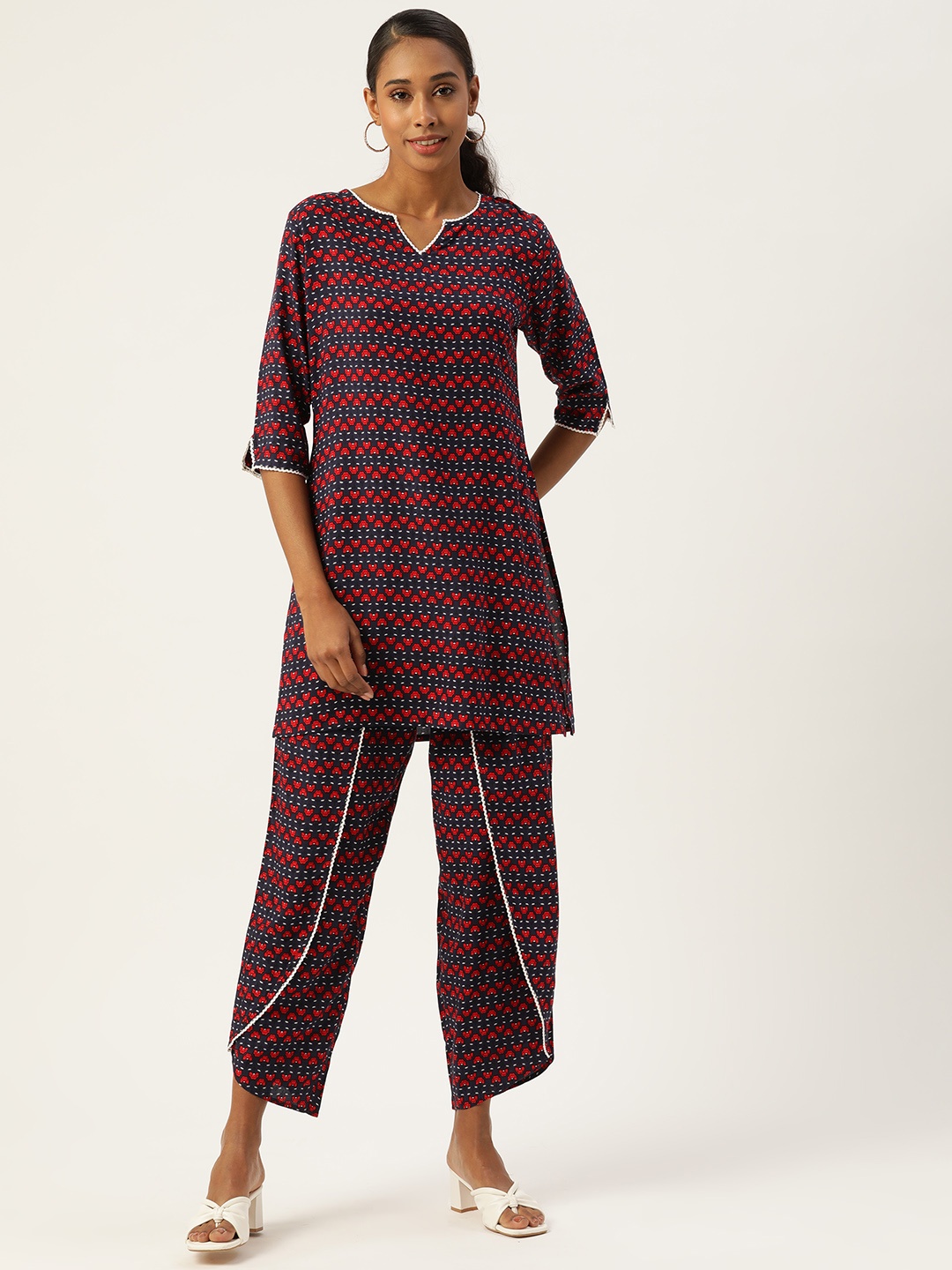 

Aayna Women Navy Blue & Red Floral Print Round Neck Regular Sleeves Kurti with Dhoti Pants