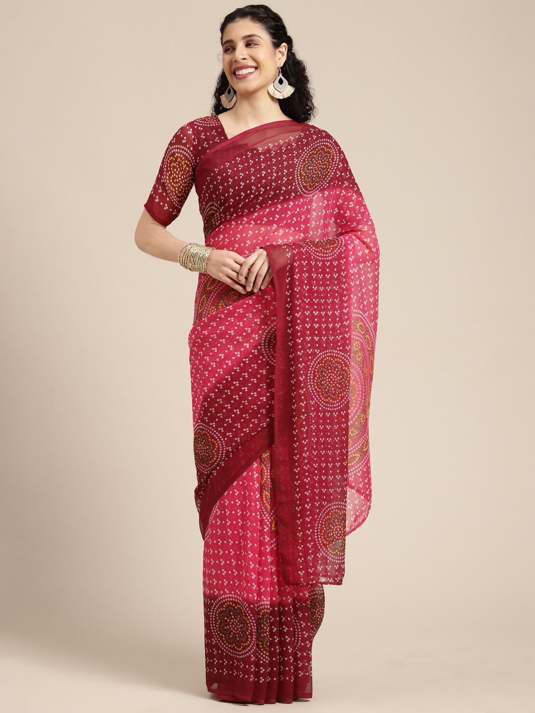 

KALINI Pink & Purple Bandhani Printed Saree