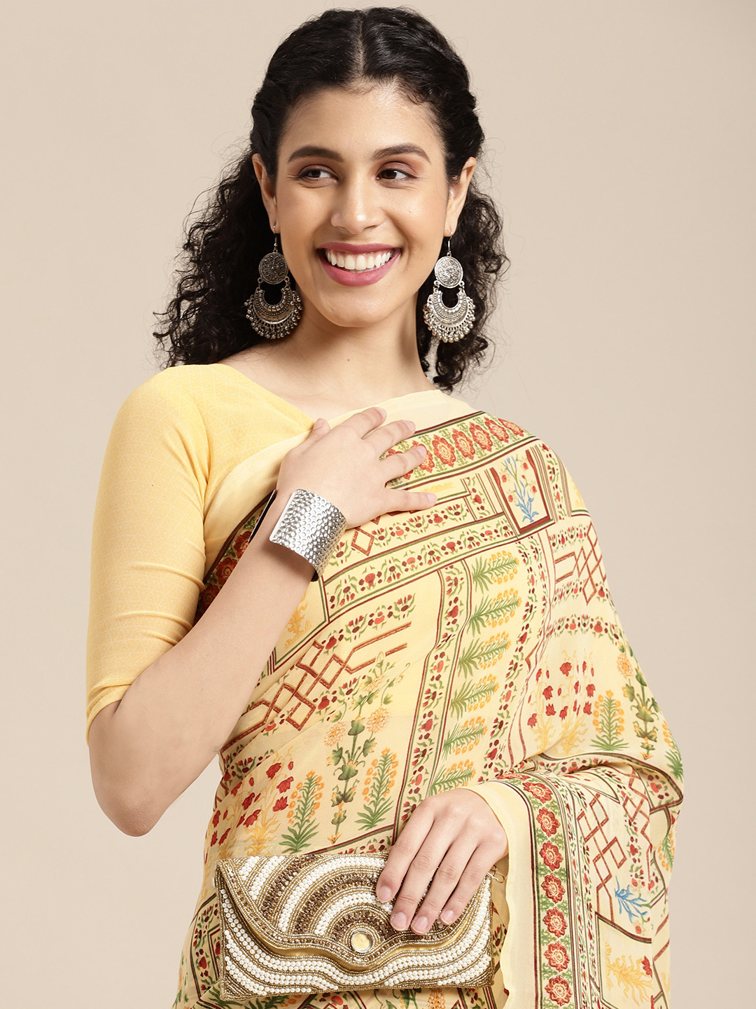 

KALINI Beige & Red Ethnic Motifs Print Saree