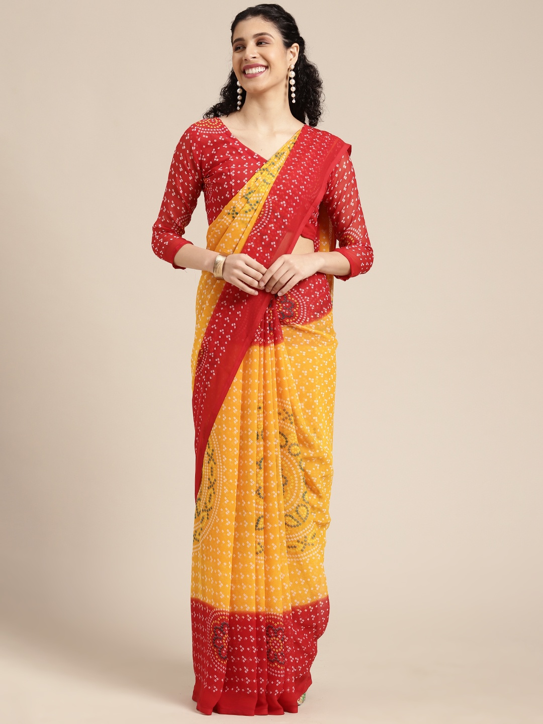 

KALINI Mustard Yellow & Red Bandhani Print Saree
