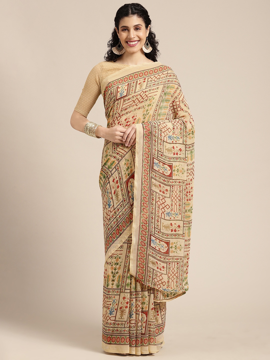 

KALINI Beige & Red Ethnic Motifs Printed Saree