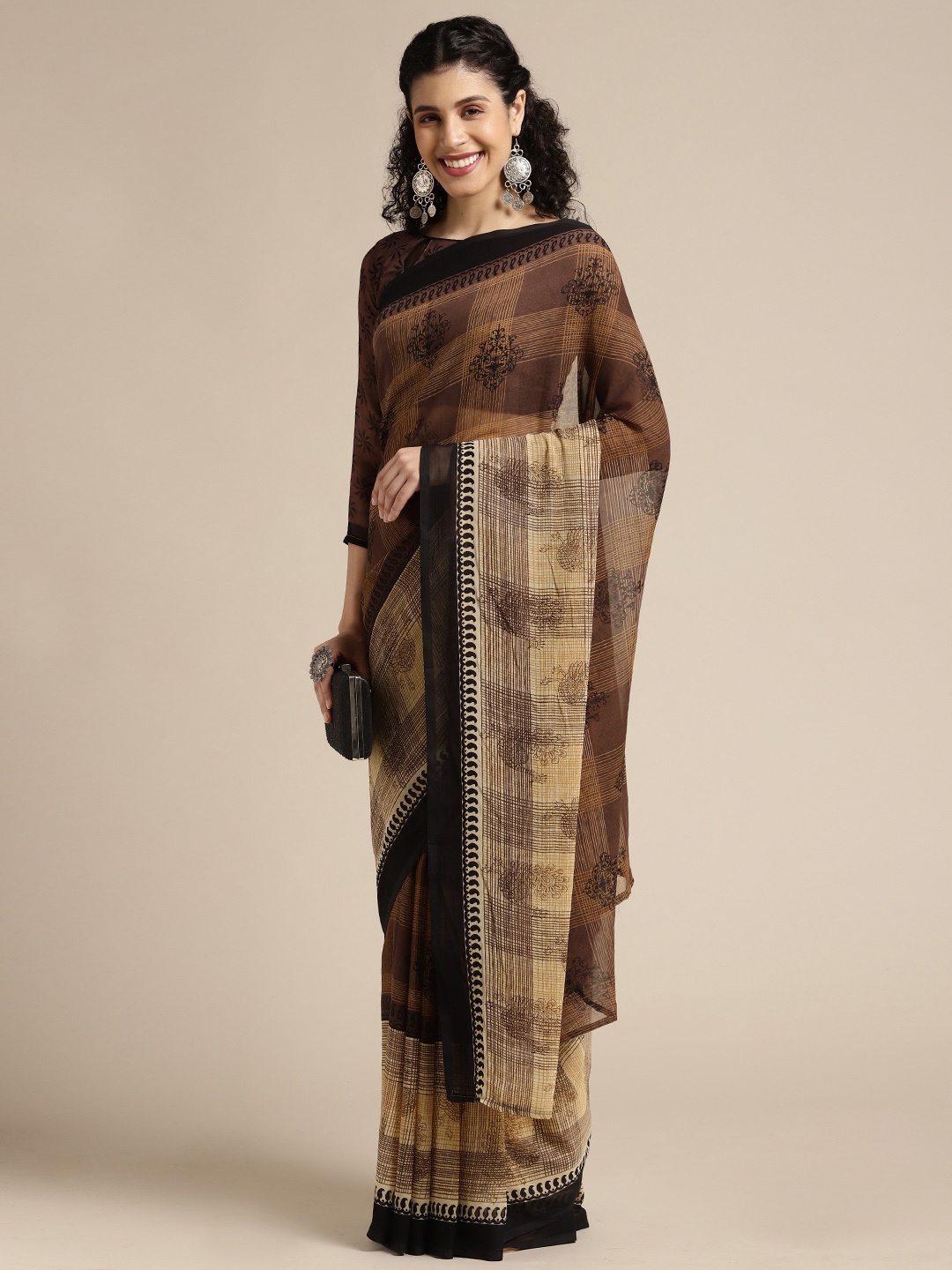 

KALINI Brown & Orange Checked and Striped Saree