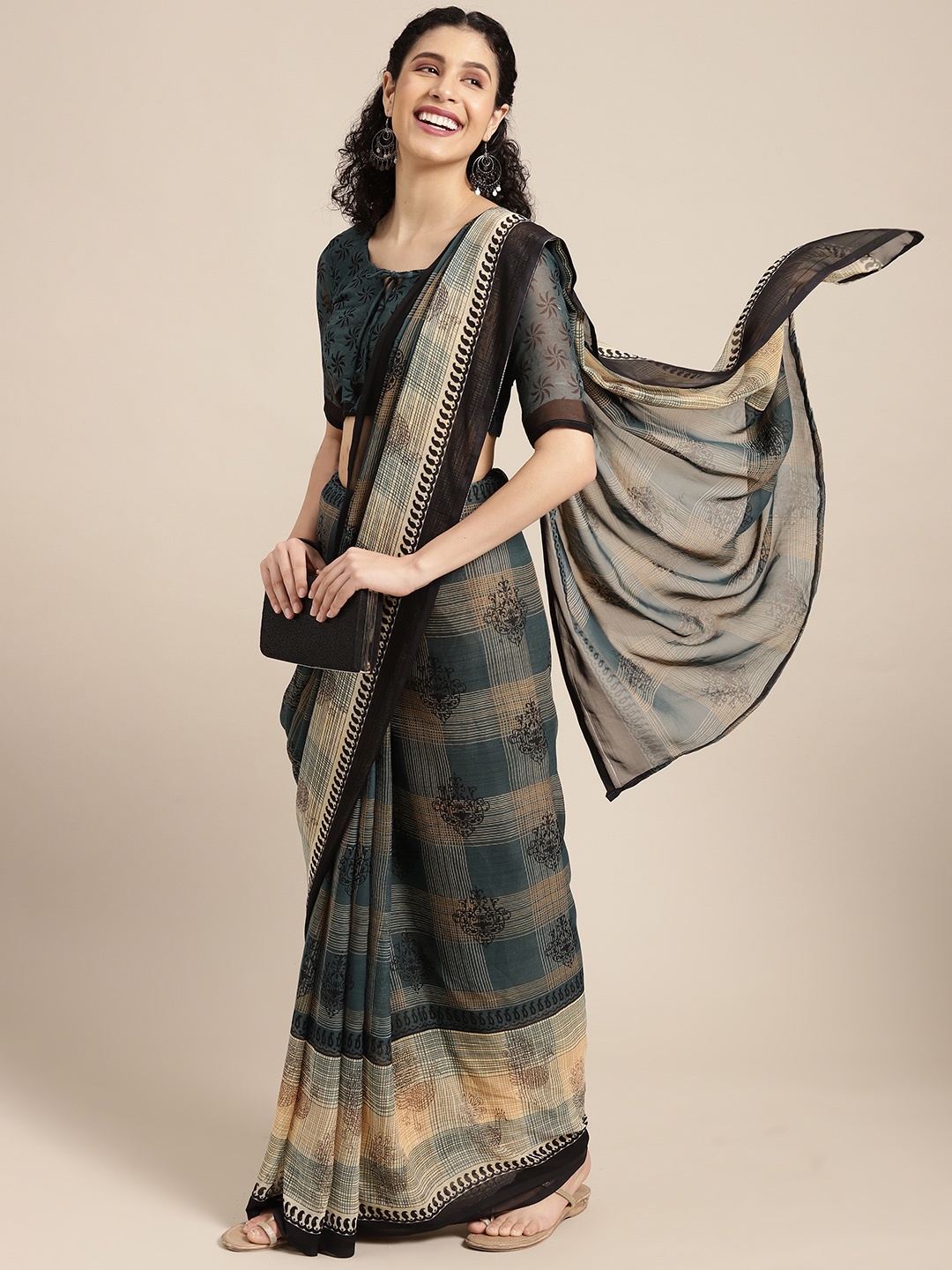 

KALINI Teal & Beige Checked Print Saree