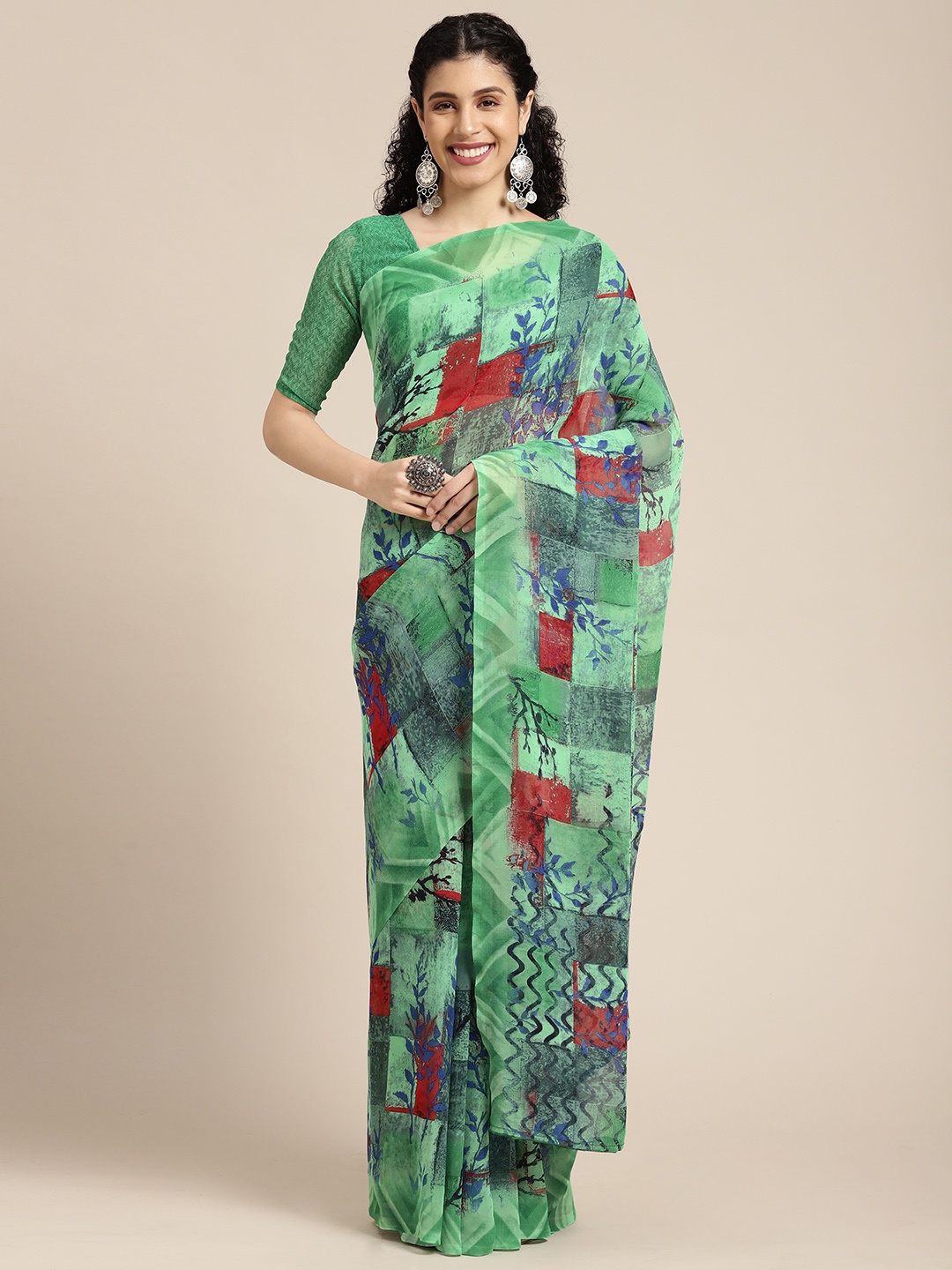 

KALINI Green & Red Abstract Printed Pure Georgette Saree