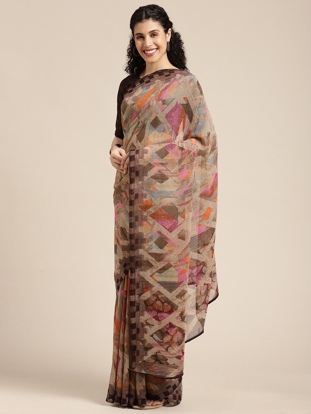 

KALINI Brown & Orange Abstract Printed Pure Georgette Saree