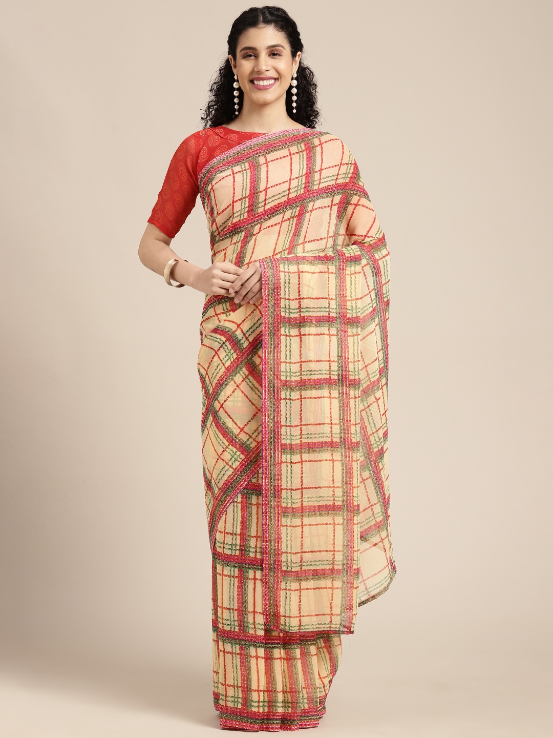 

KALINI Yellow & Pink Checked Printed Saree