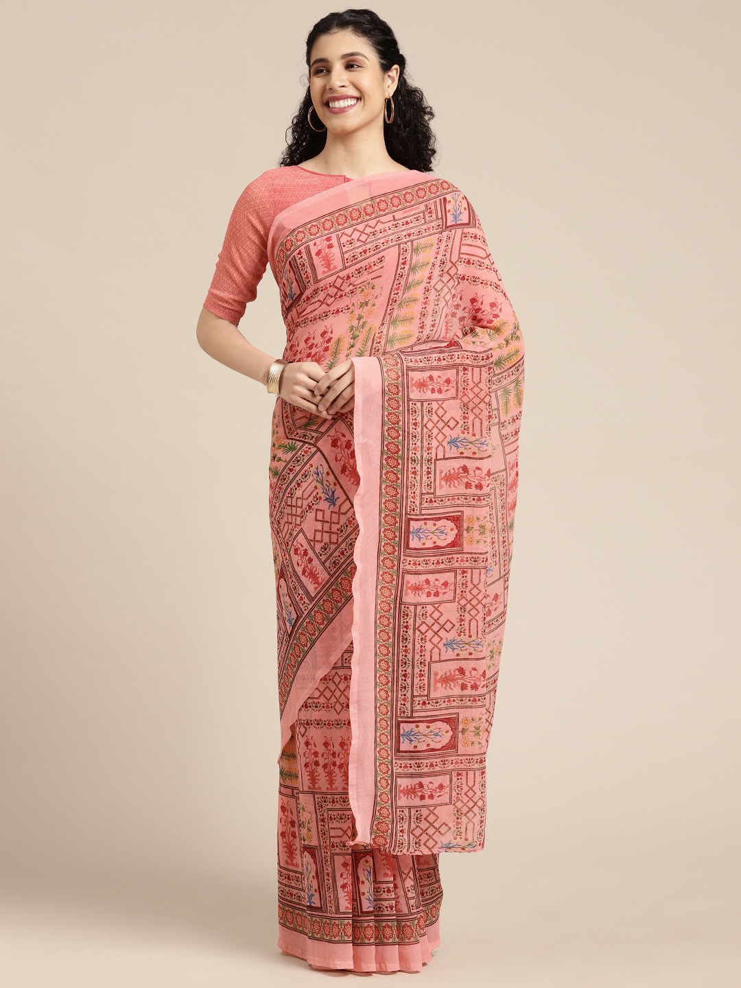 

KALINI Pink & Red Floral Pure Georgette Saree