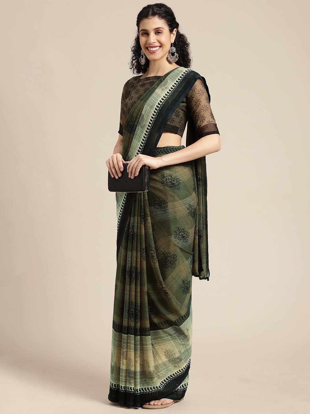 

KALINI Olive Green & Beige Ethnic Motifs Printed Saree