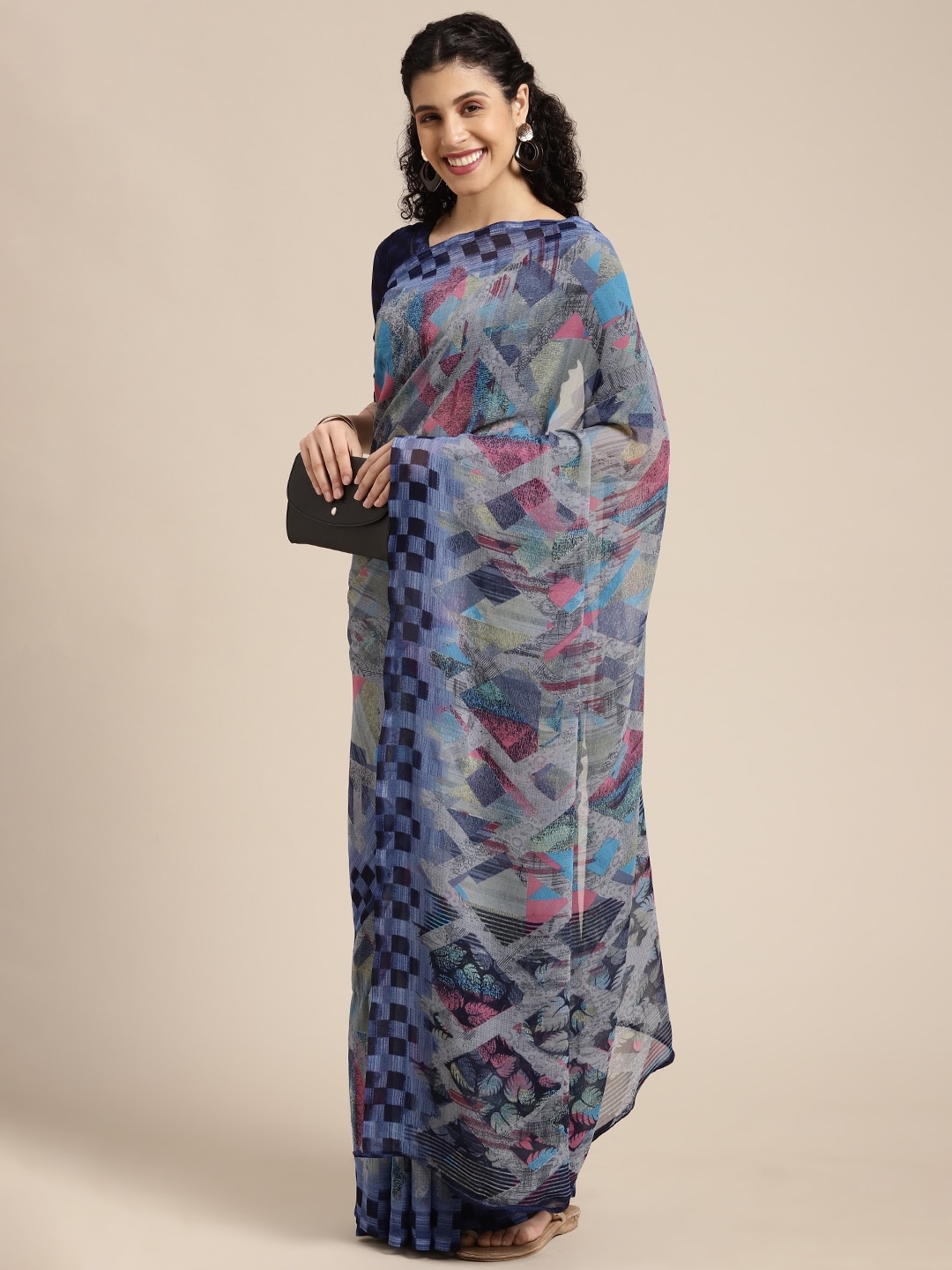 

KALINI Navy Blue & Pink Pure Abstract Print Georgette Saree