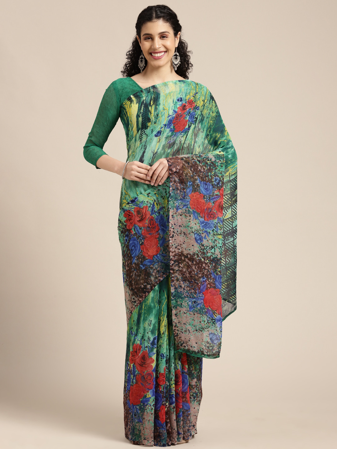 

KALINI Green & Red Floral Printed Saree