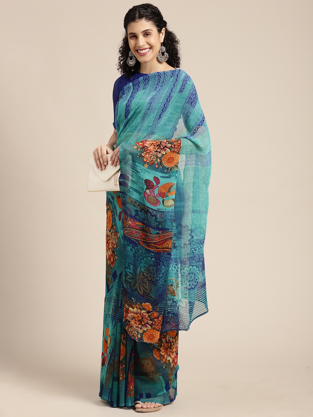 

KALINI Blue & Orange Ethnic Motifs Printed Saree