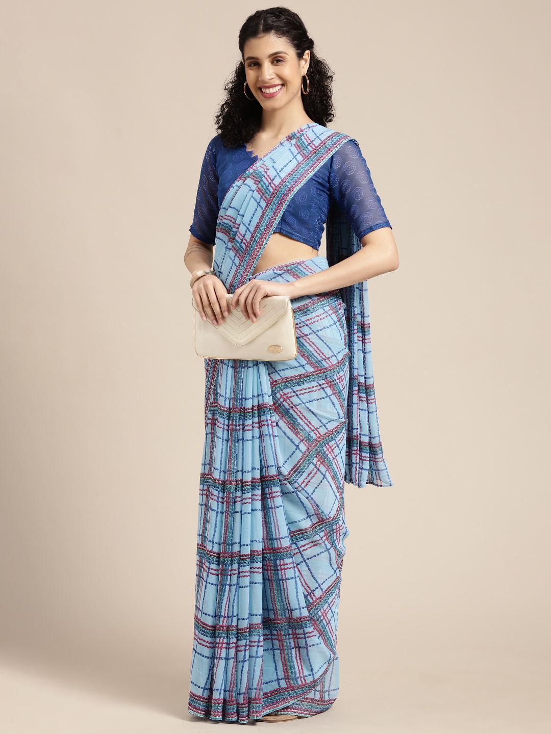 

KALINI Blue & Pink Checked Printed Saree