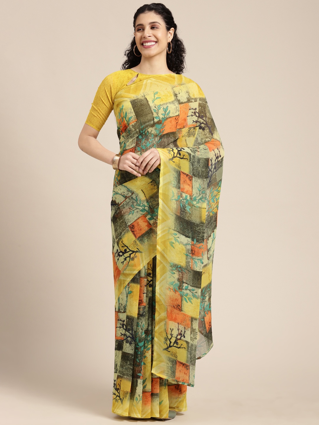 

KALINI Yellow & Olive Green Abstract Printed Saree