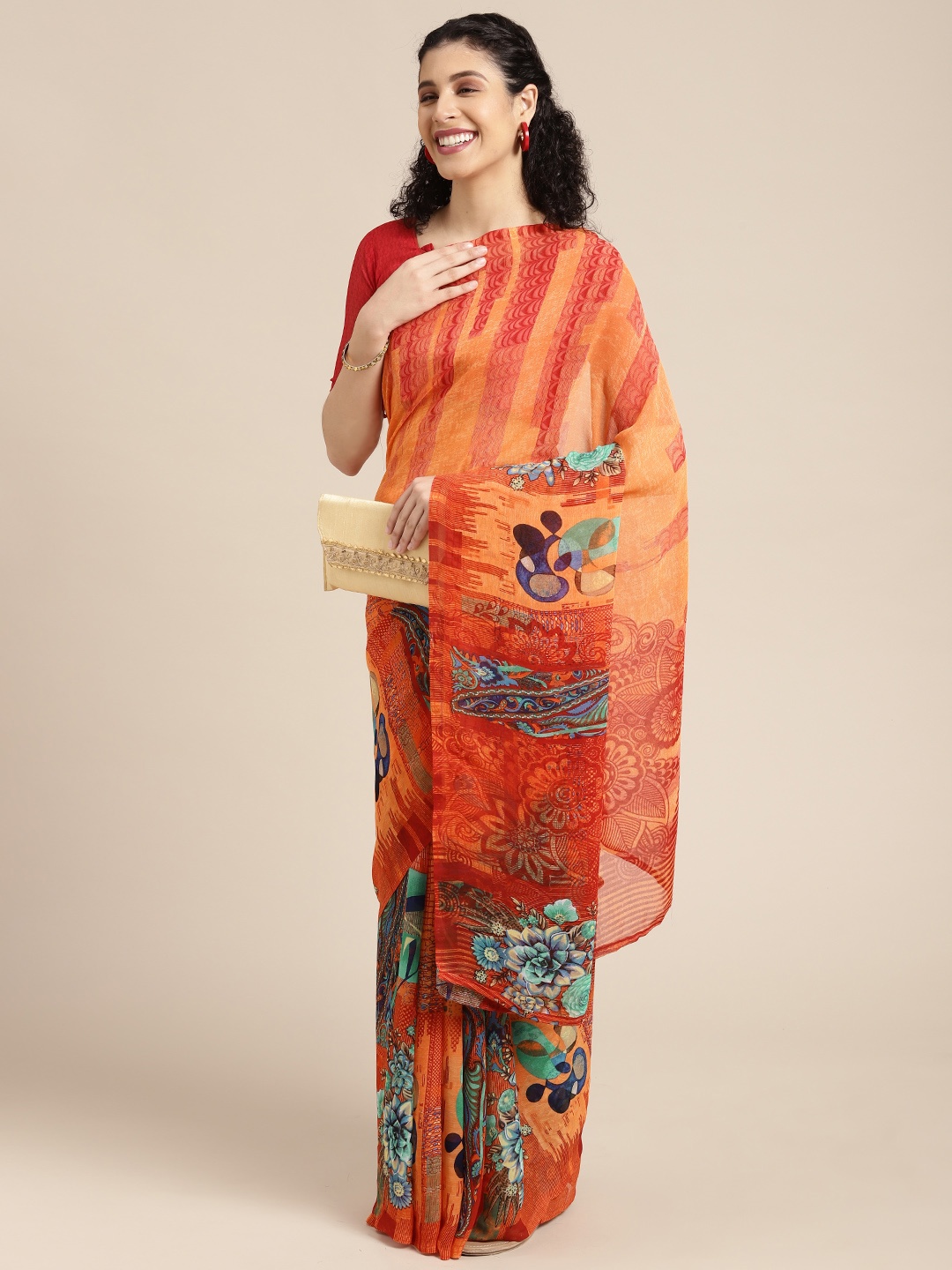 

KALINI Orange & Red Paisley Print Pure Georgette Saree