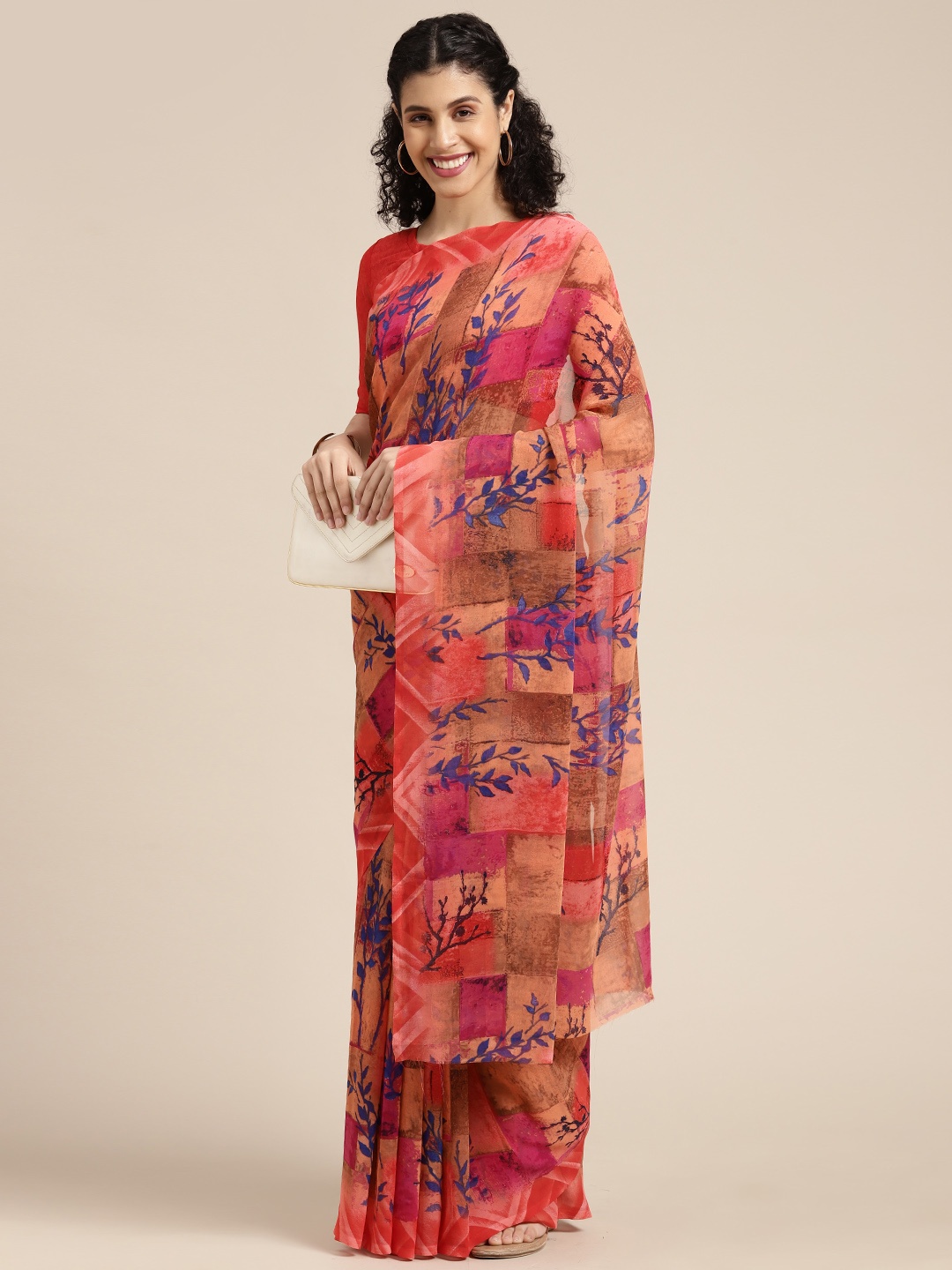 

KALINI Red & Pink Abstract Printed Pure Georgette Saree
