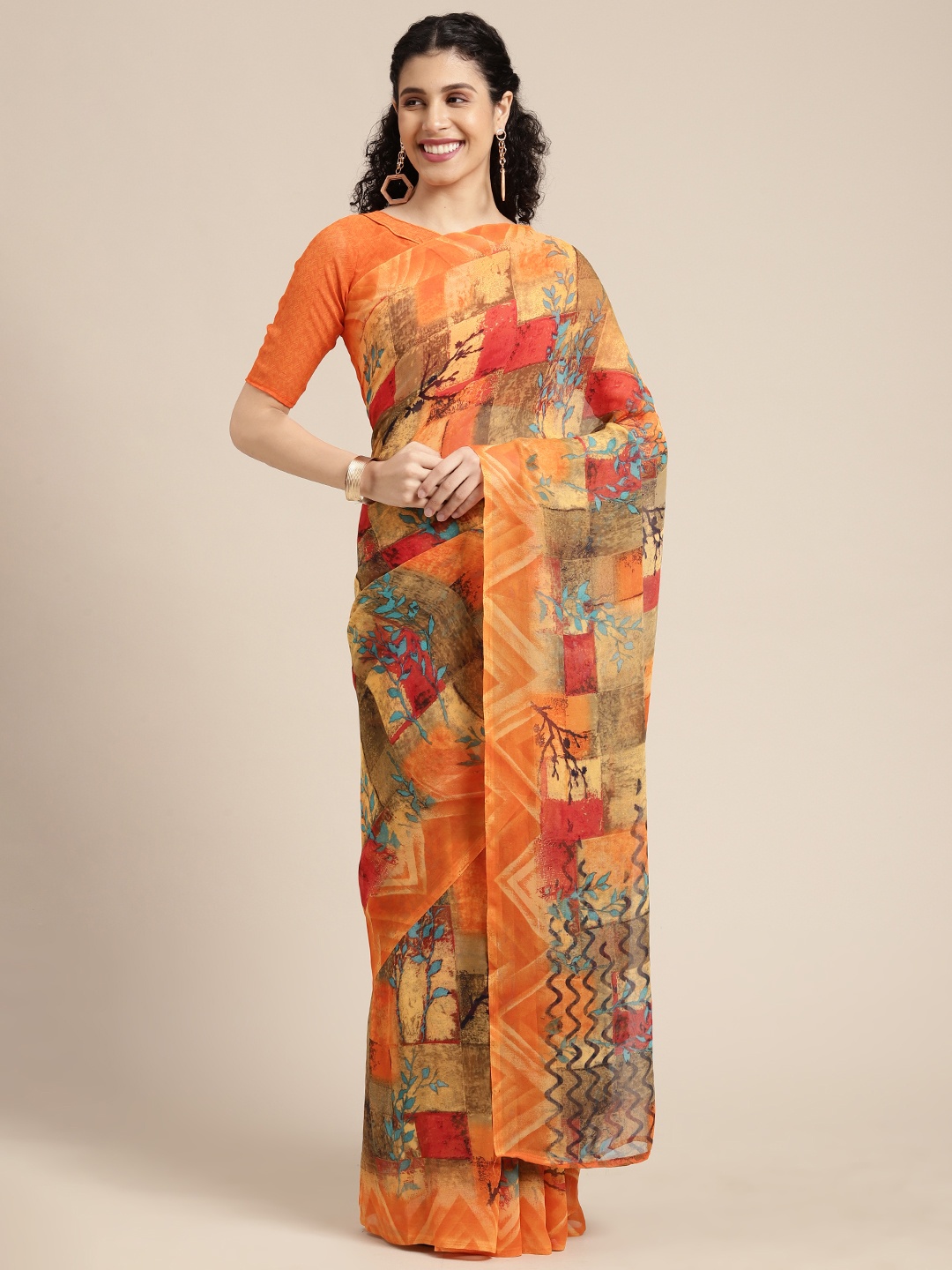 

KALINI Orange & Red Abstract Printed Saree