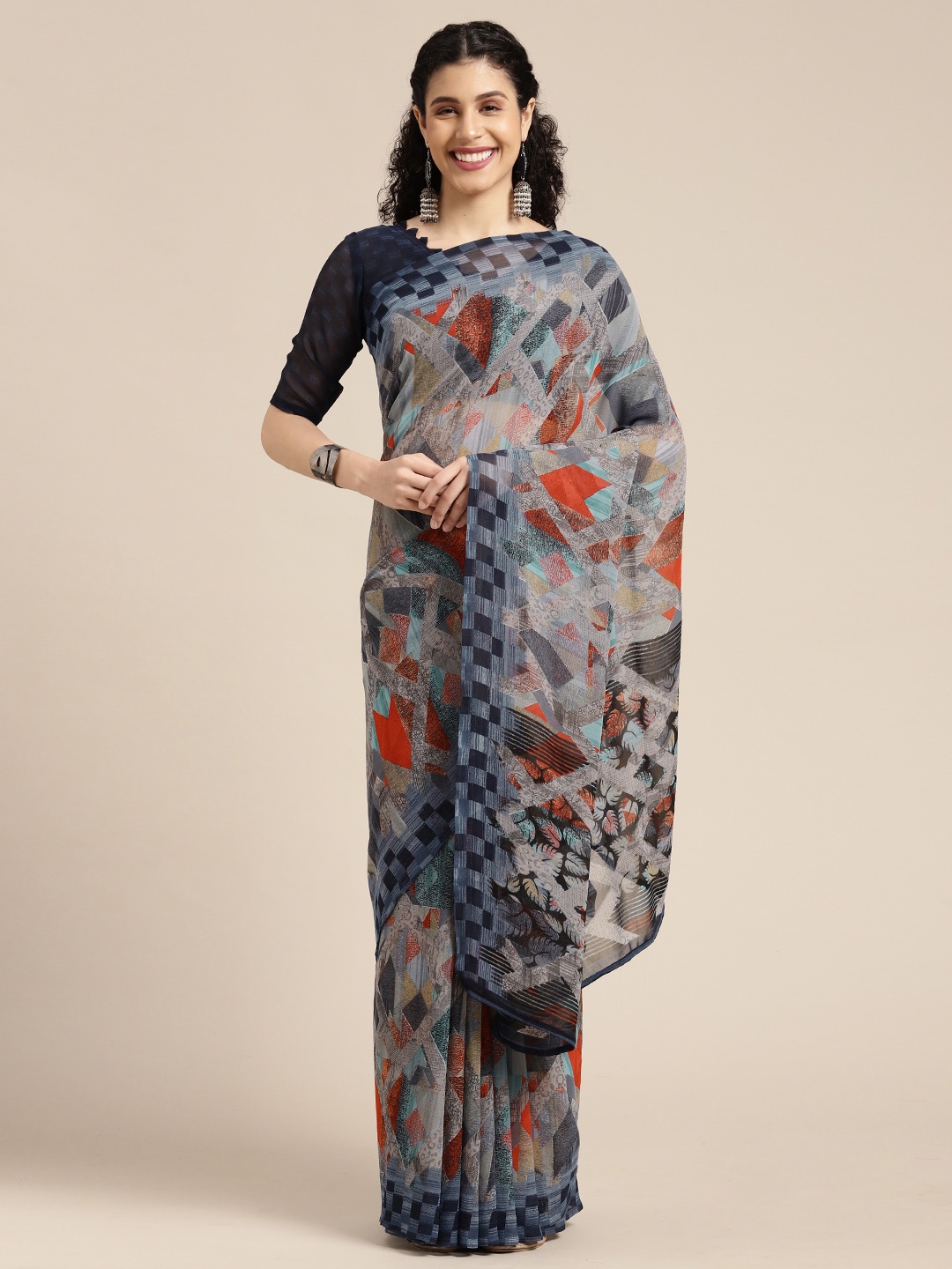 

KALINI Grey & Blue Abstract Printed Pure Georgette Saree