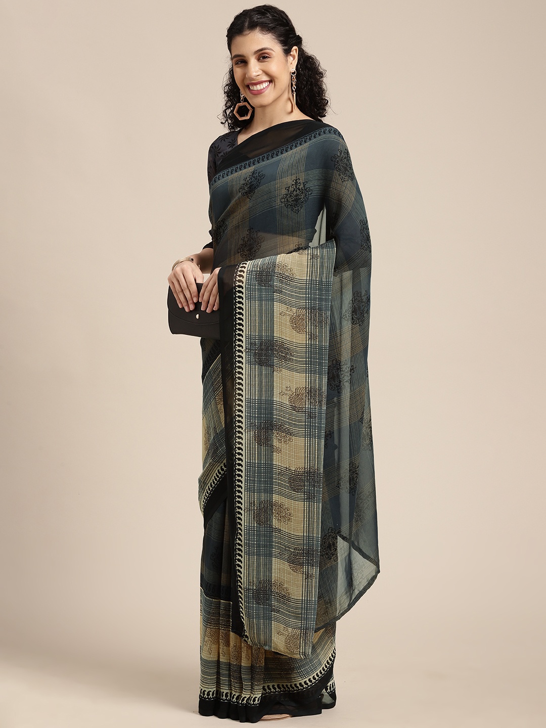 

KALINI Black & Beige Checked Print Saree
