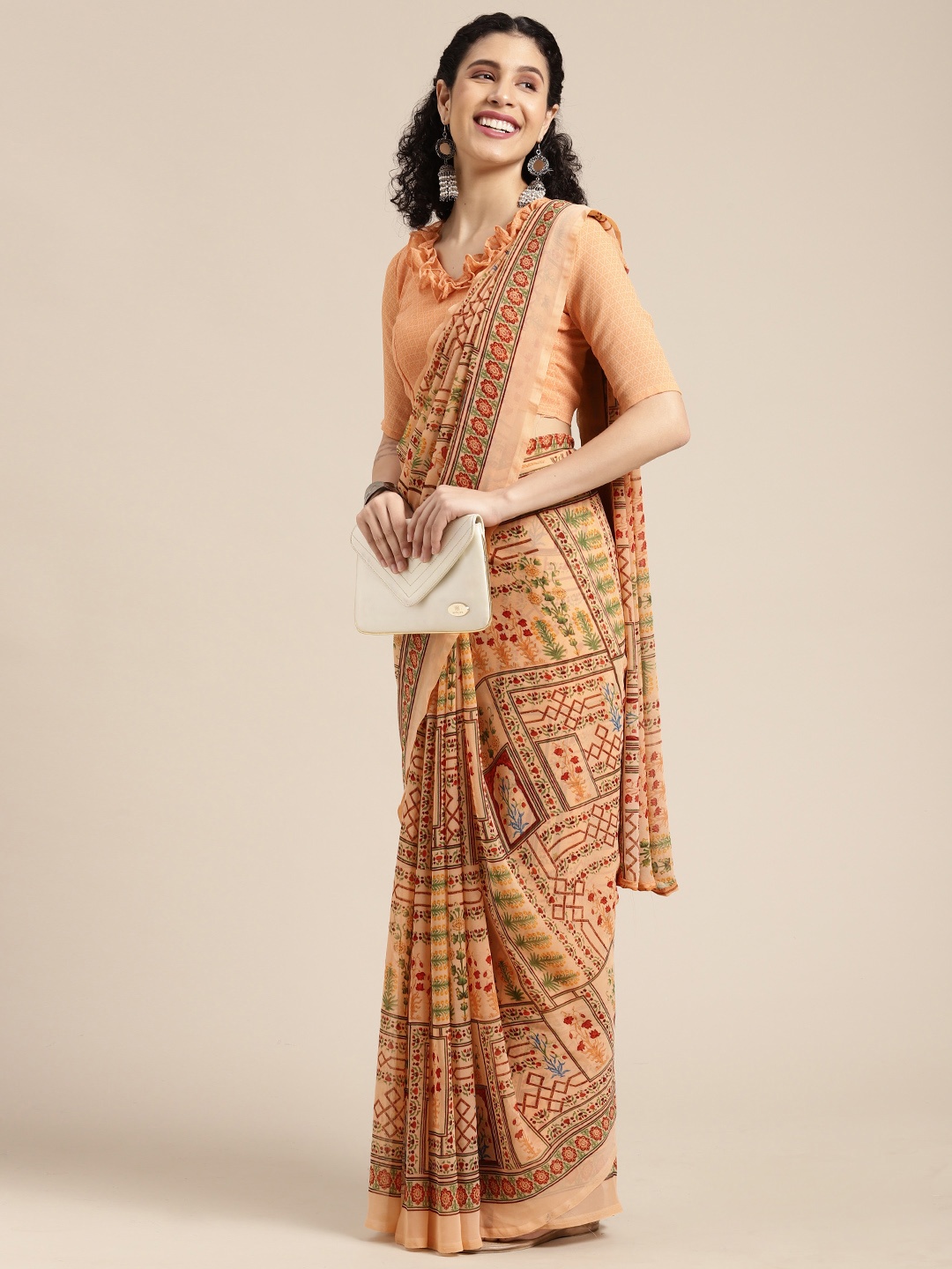 

KALINI Peach-Coloured & Red Floral Pure Georgette Saree