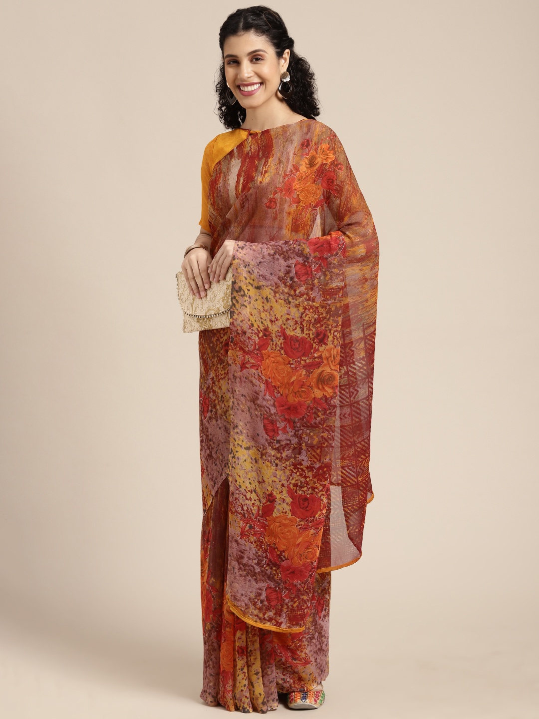

KALINI Mustard Yellow & Maroon Abstract Printed Saree