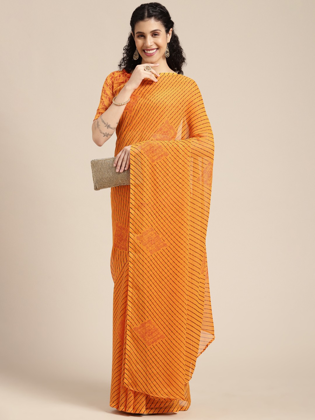 

KALINI Women Orange & Red Striped Saree