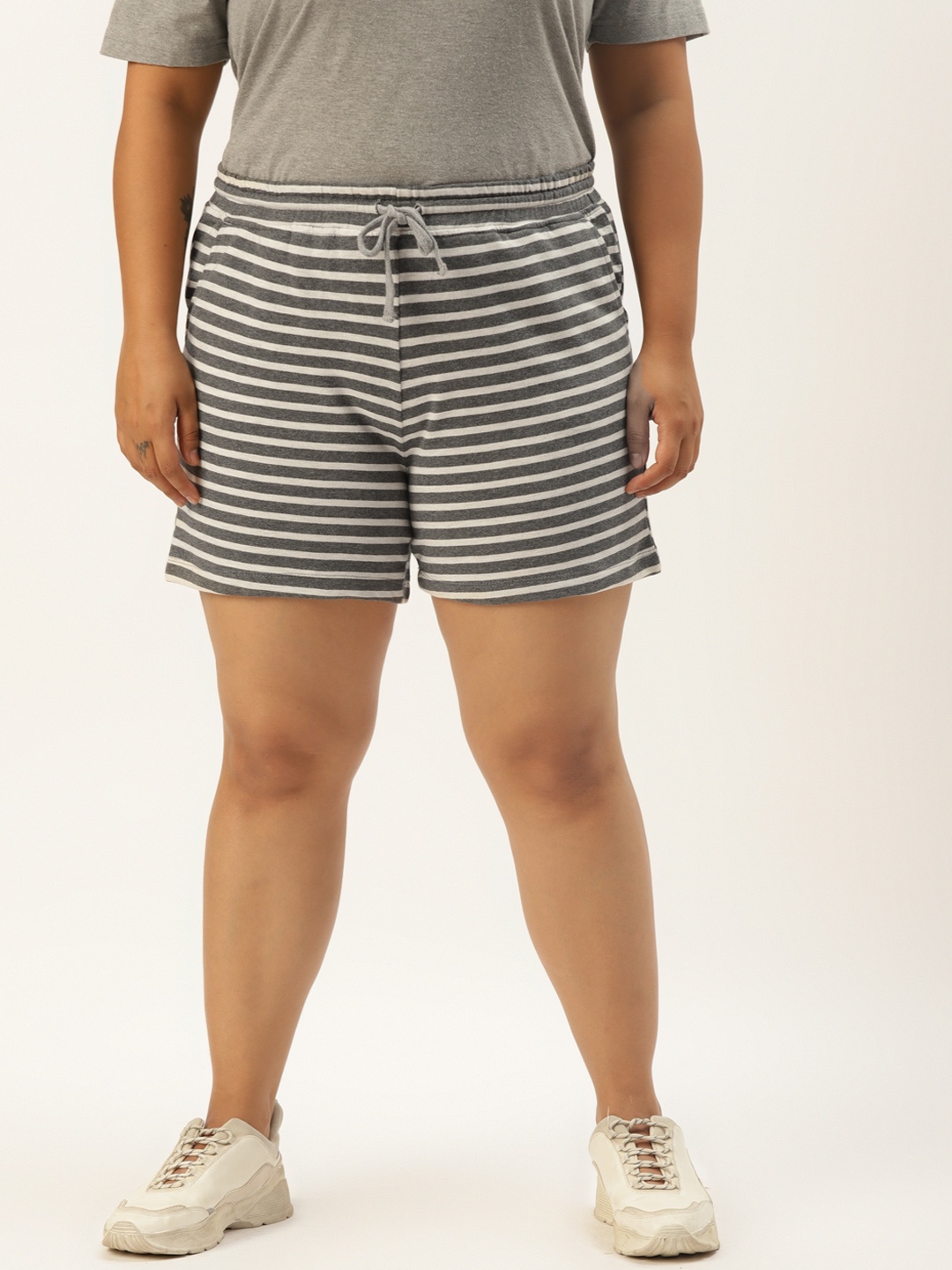 

Rute Women Plus Size Charcoal Grey & White Striped Cotton Shorts