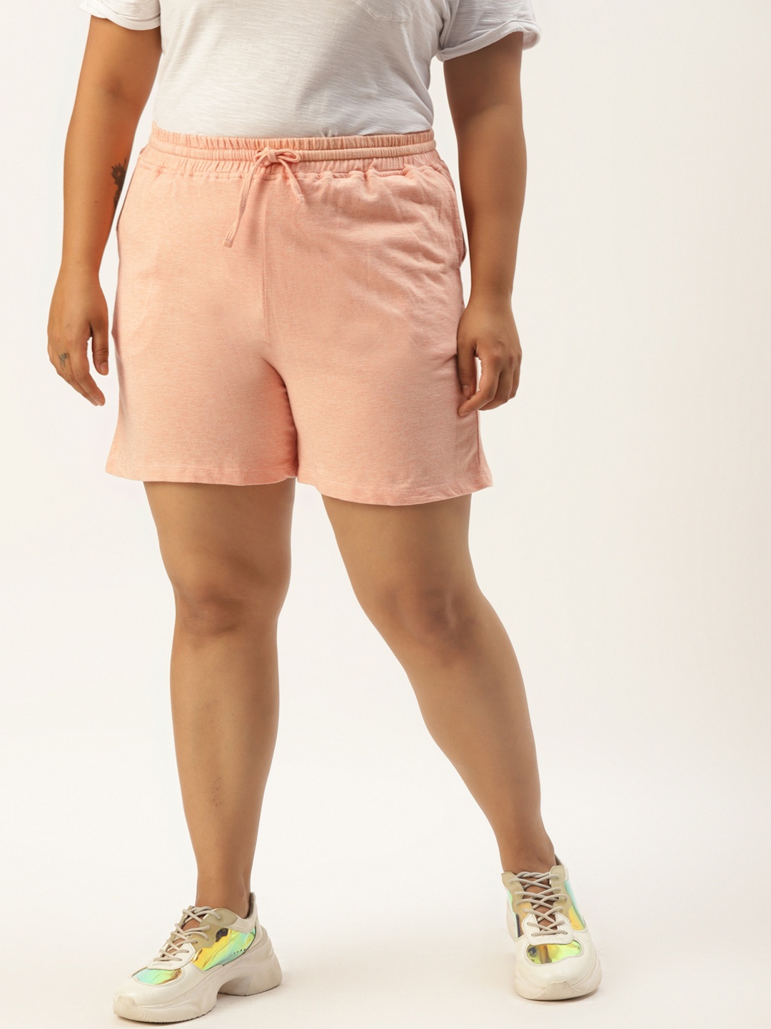Rute Women Plus Size Peach-Coloured Solid Cotton Shorts