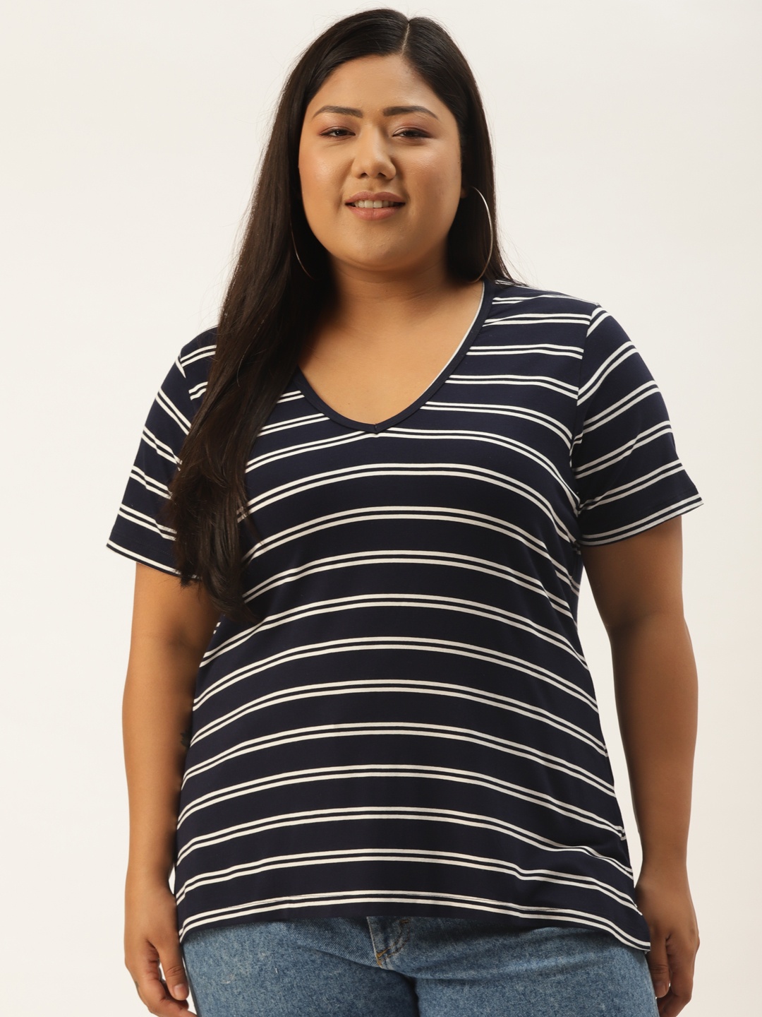 

Rute Women Blue & White Striped Pure Cotton Plus Size V-Neck T-shirt