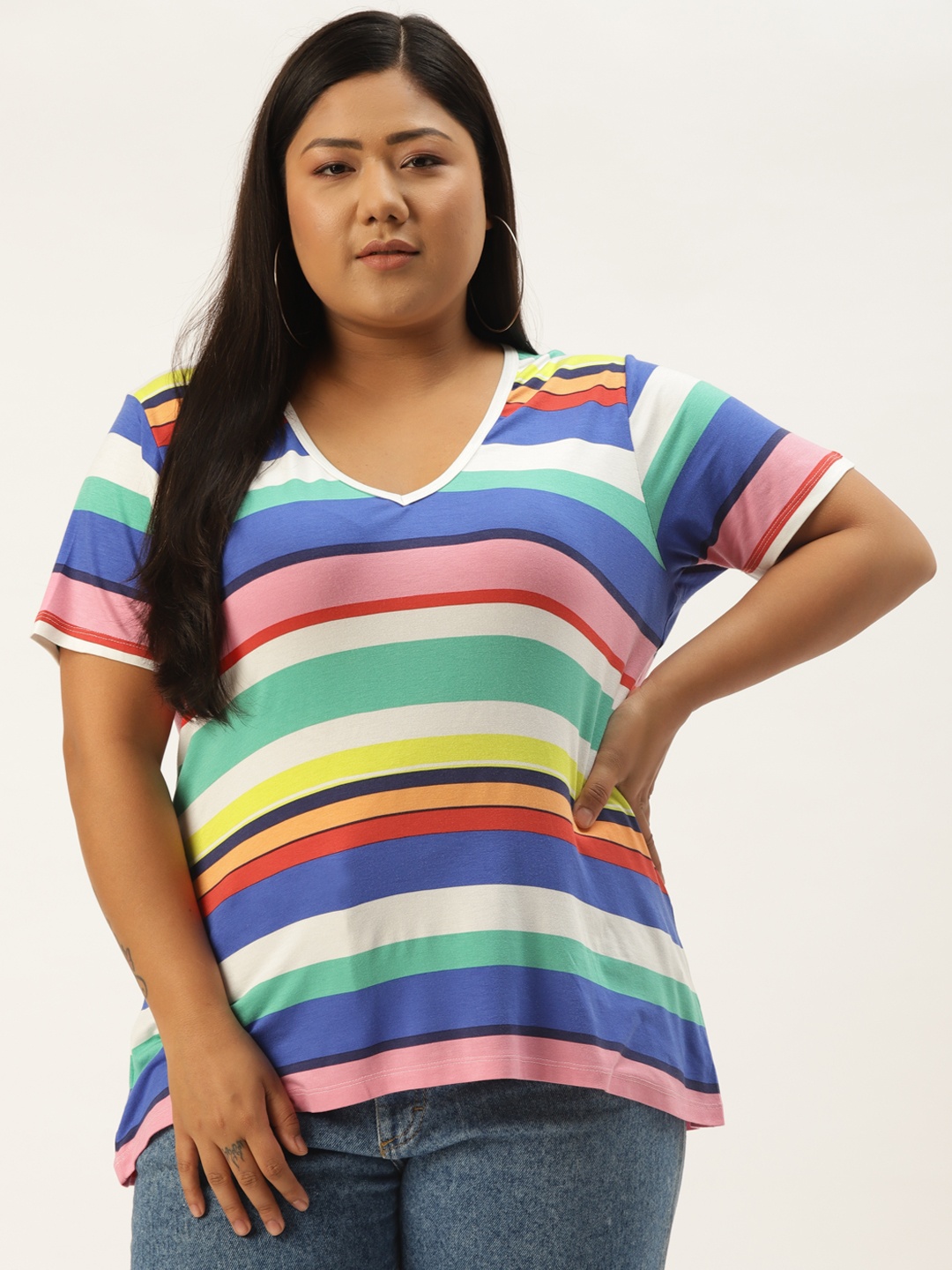 

Rute Women White & Pink Multi Striped Pure Cotton Plus Size T-shirt
