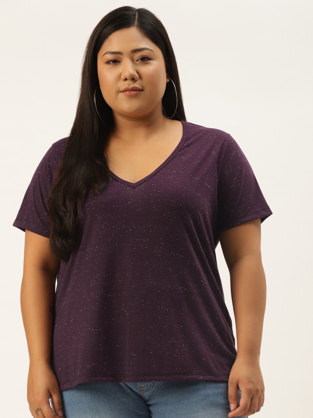 

Rute Women Plus Size Purple Solid Cotton V-Neck T-shirt