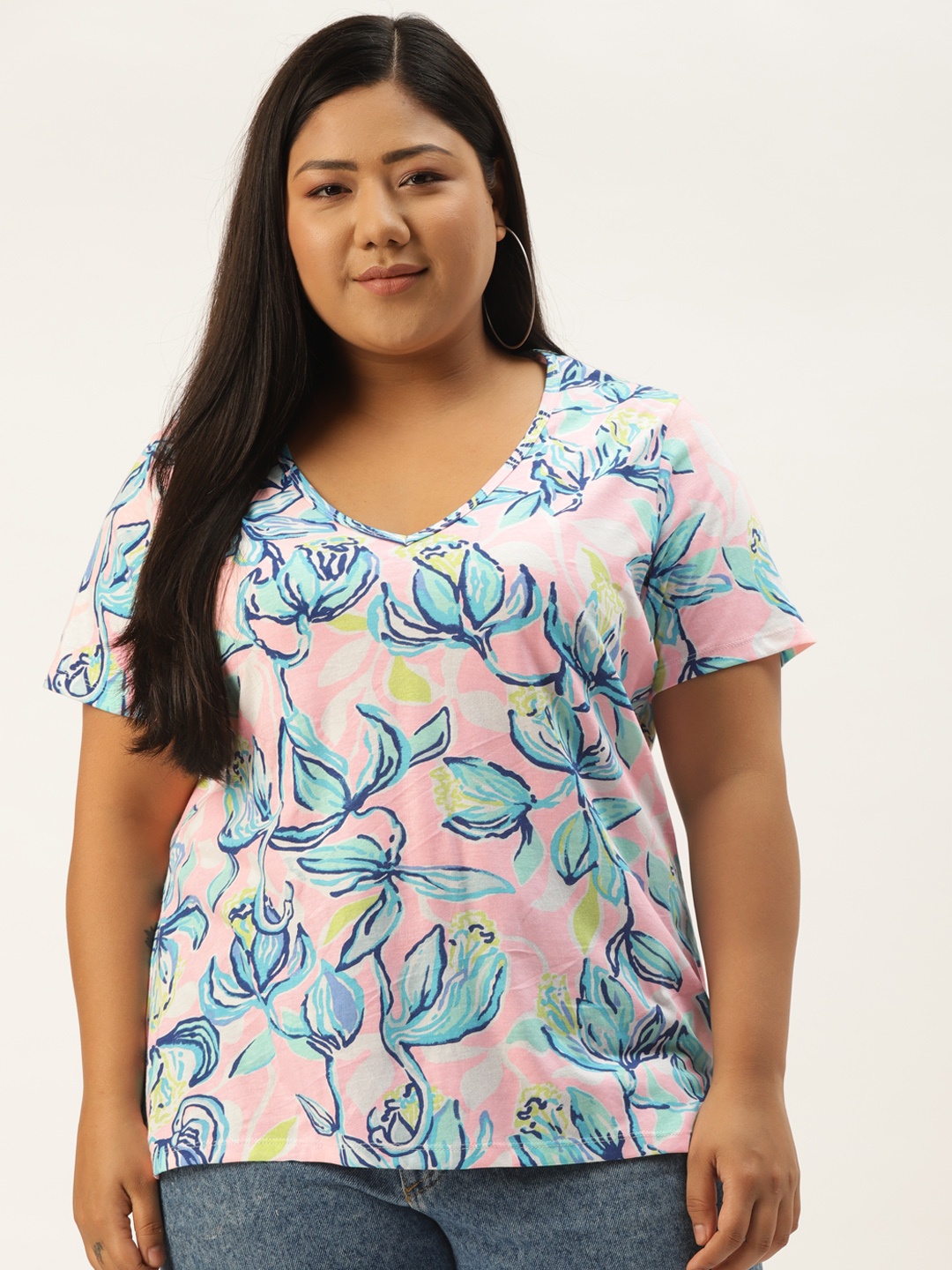 

Rute Women Pink & Blue Floral Printed Pure Cotton Plus Size T-shirt