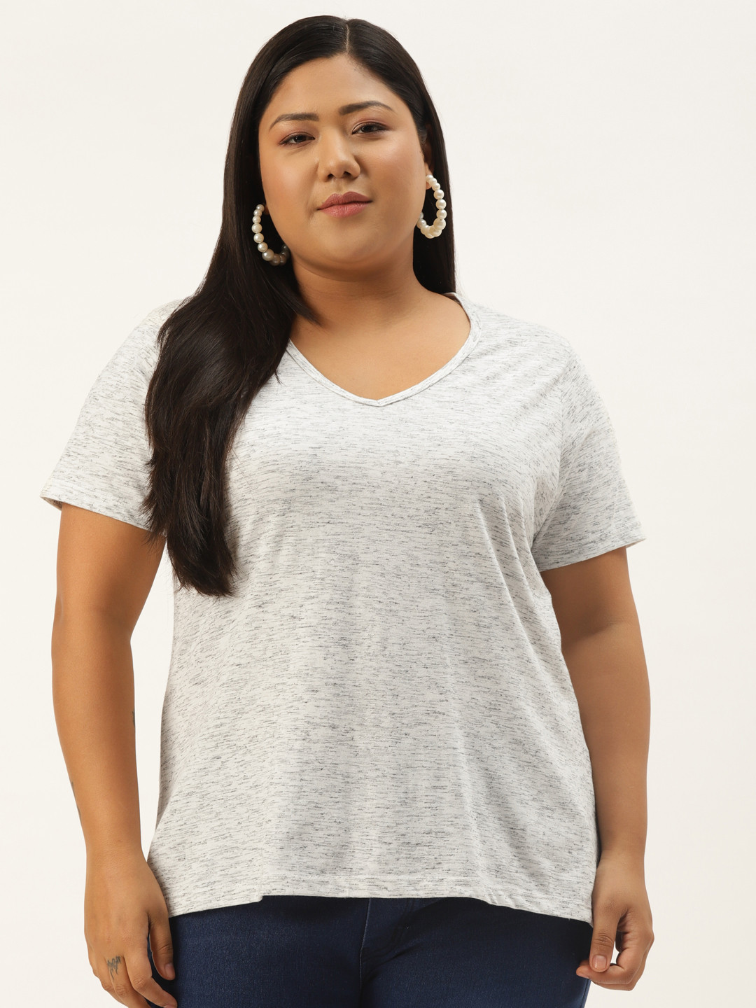

Rute Women Plus Size Grey Melange Solid Cotton V-Neck T-shirt