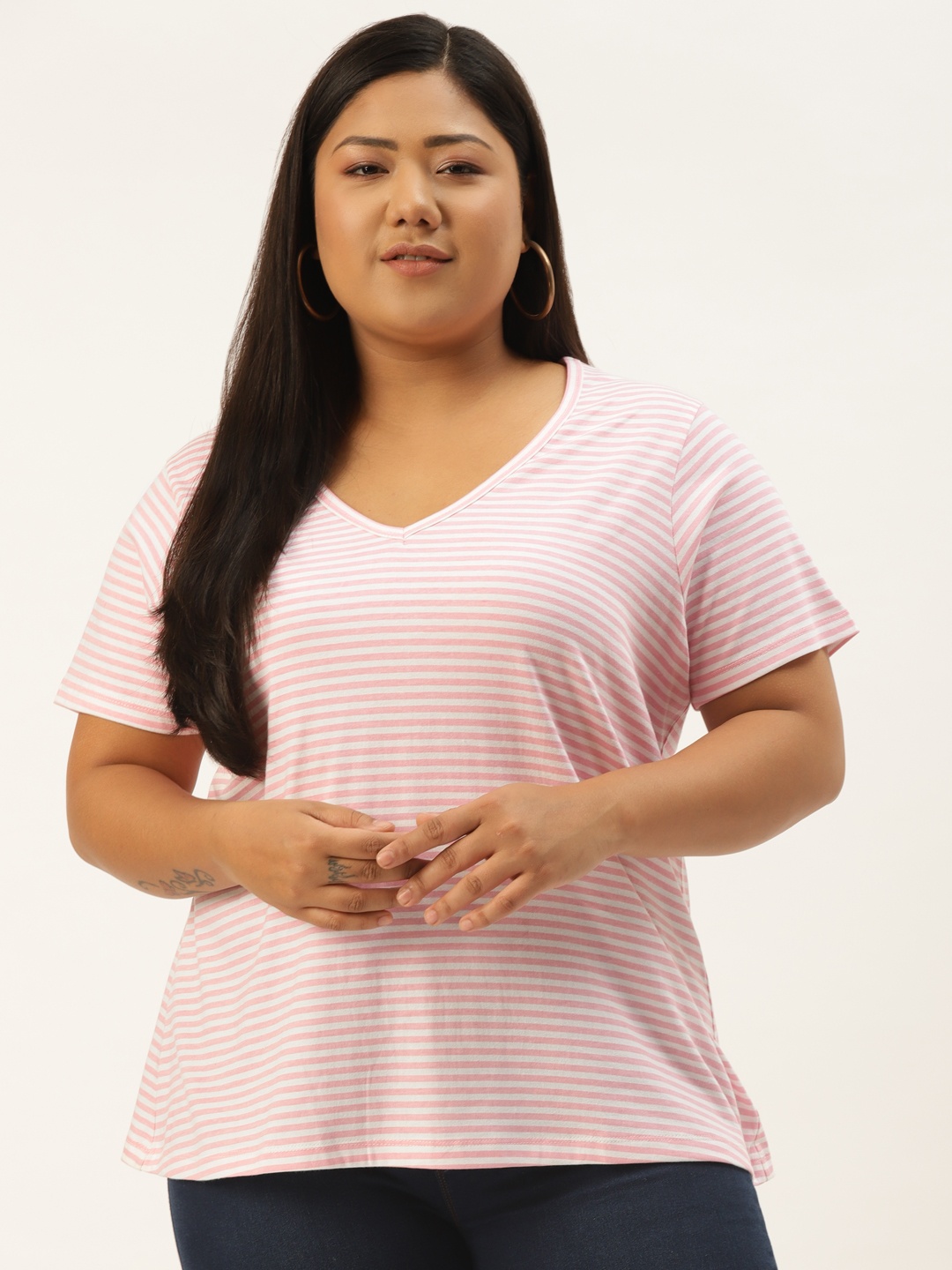

Rute Women Pink & White Striped Pure Cotton Plus Size T-shirt