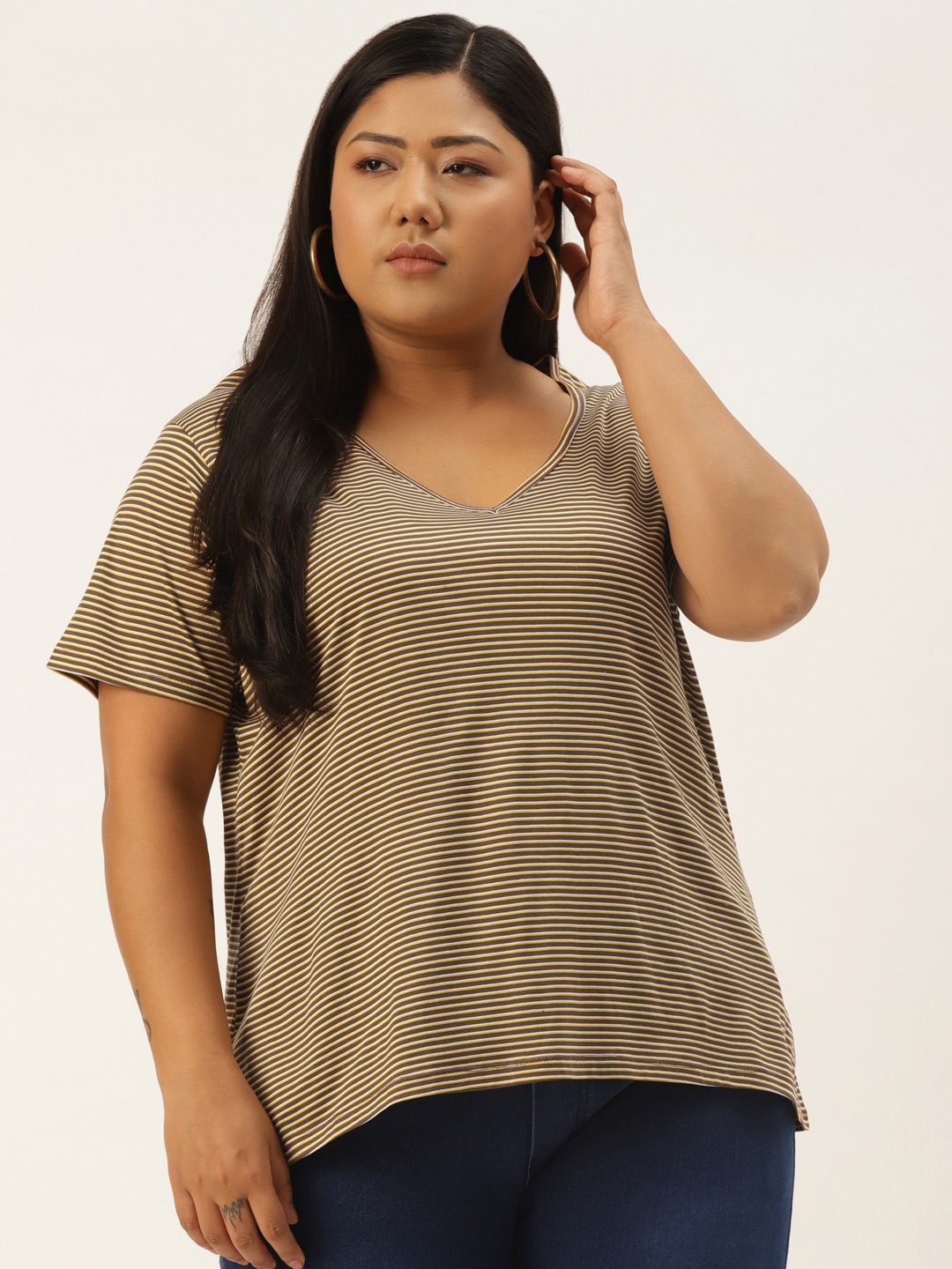 

Rute Women Brown & Yellow Striped Pure Cotton Plus Size T-shirt