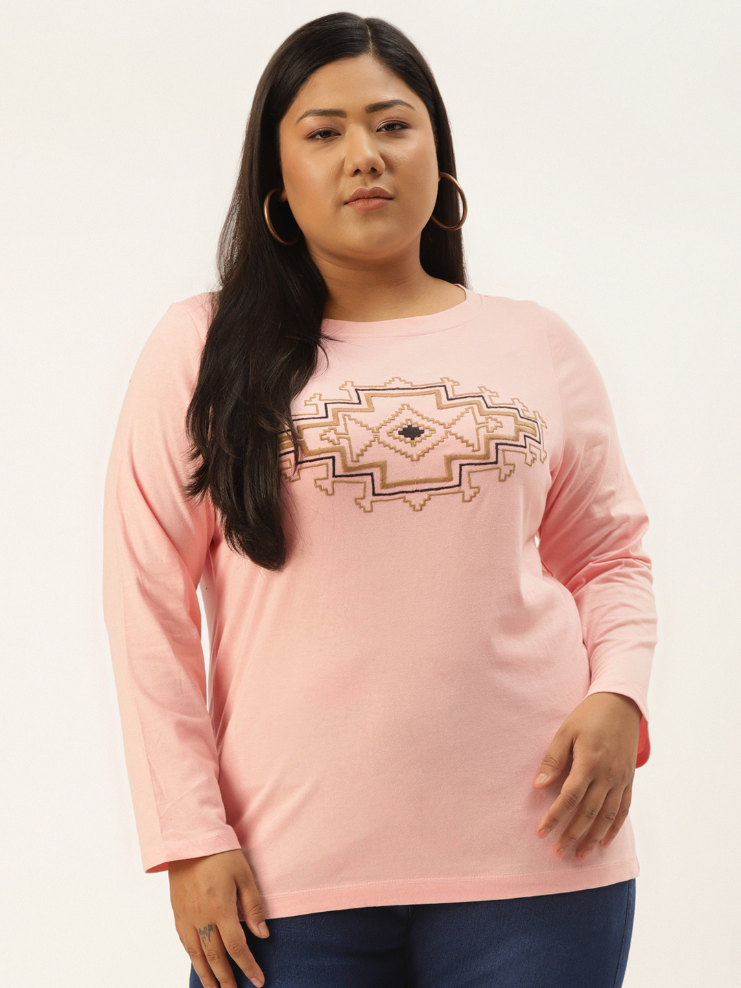 

Rute Women Plus Size Pink & Beige Embroidered Cotton T-shirt
