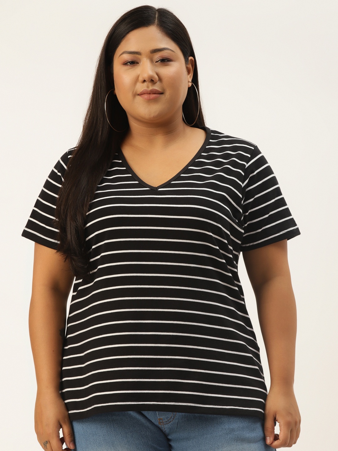 

Rute Women Plus Size Black & White Striped Cotton V-Neck T-shirt