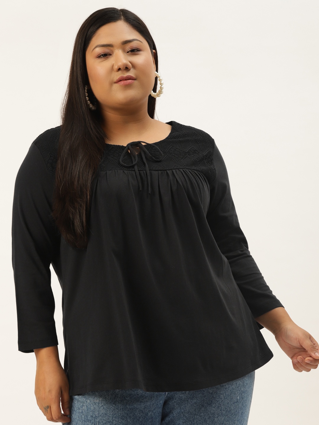 Rute Women Plus Size Black Solid Cotton Tie-Up Neck Top