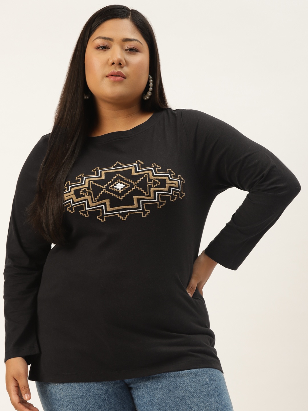 

Rute Women Plus Size Black & Taupe Geometric Embroidered Cotton Top