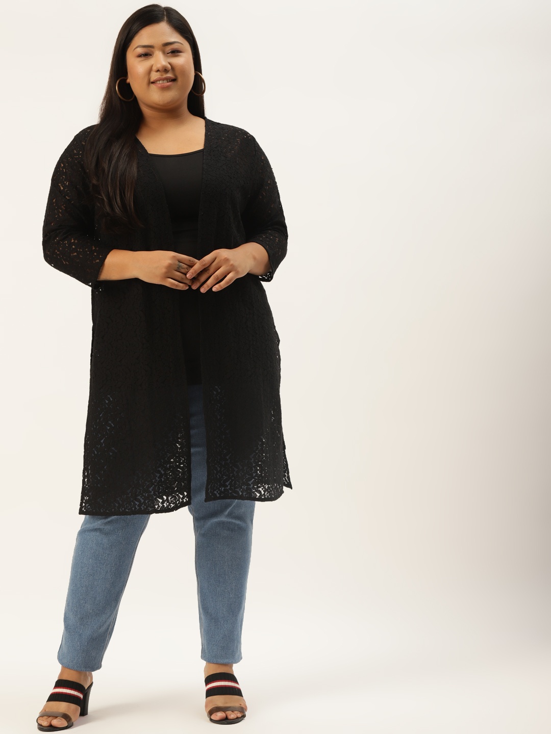 Rute Women Plus Size Black Longline Cotton Lace Shrug