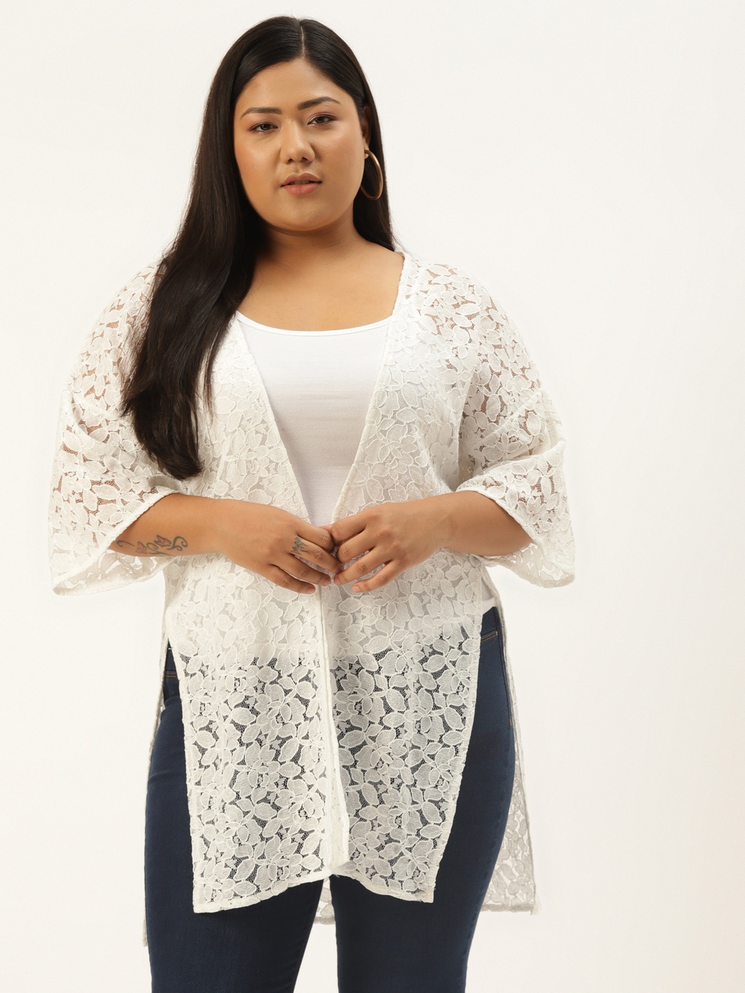 Rute Women Plus Size White Cotton Lace Shrug