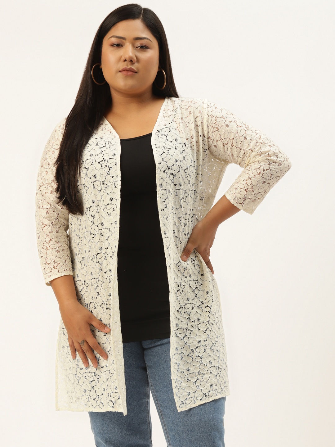 

Rute Women Plus Size Off White Longline Cotton Lace Shrug