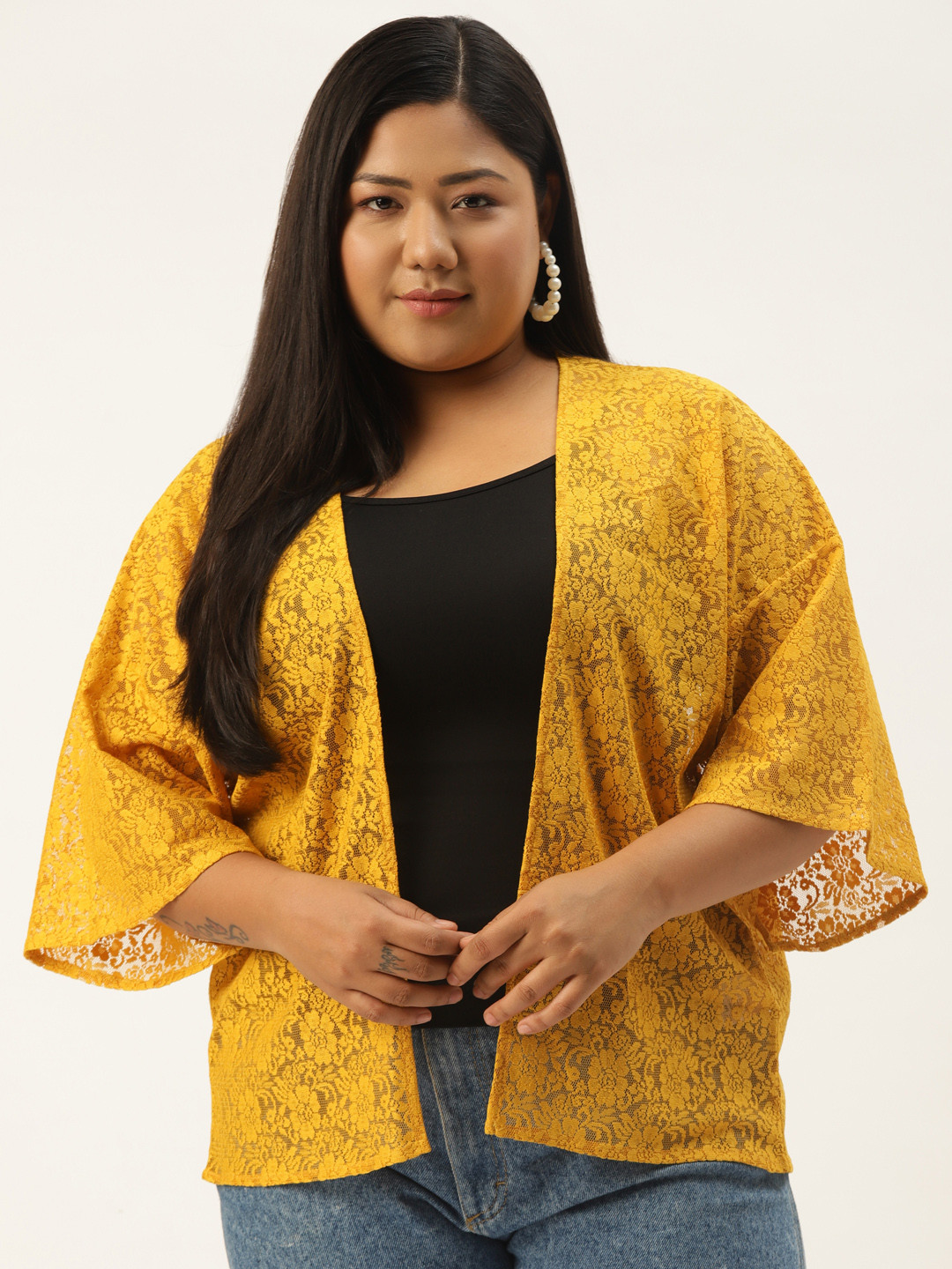

Rute Women Plus Size Mustard Yellow Cotton Lace Shrug