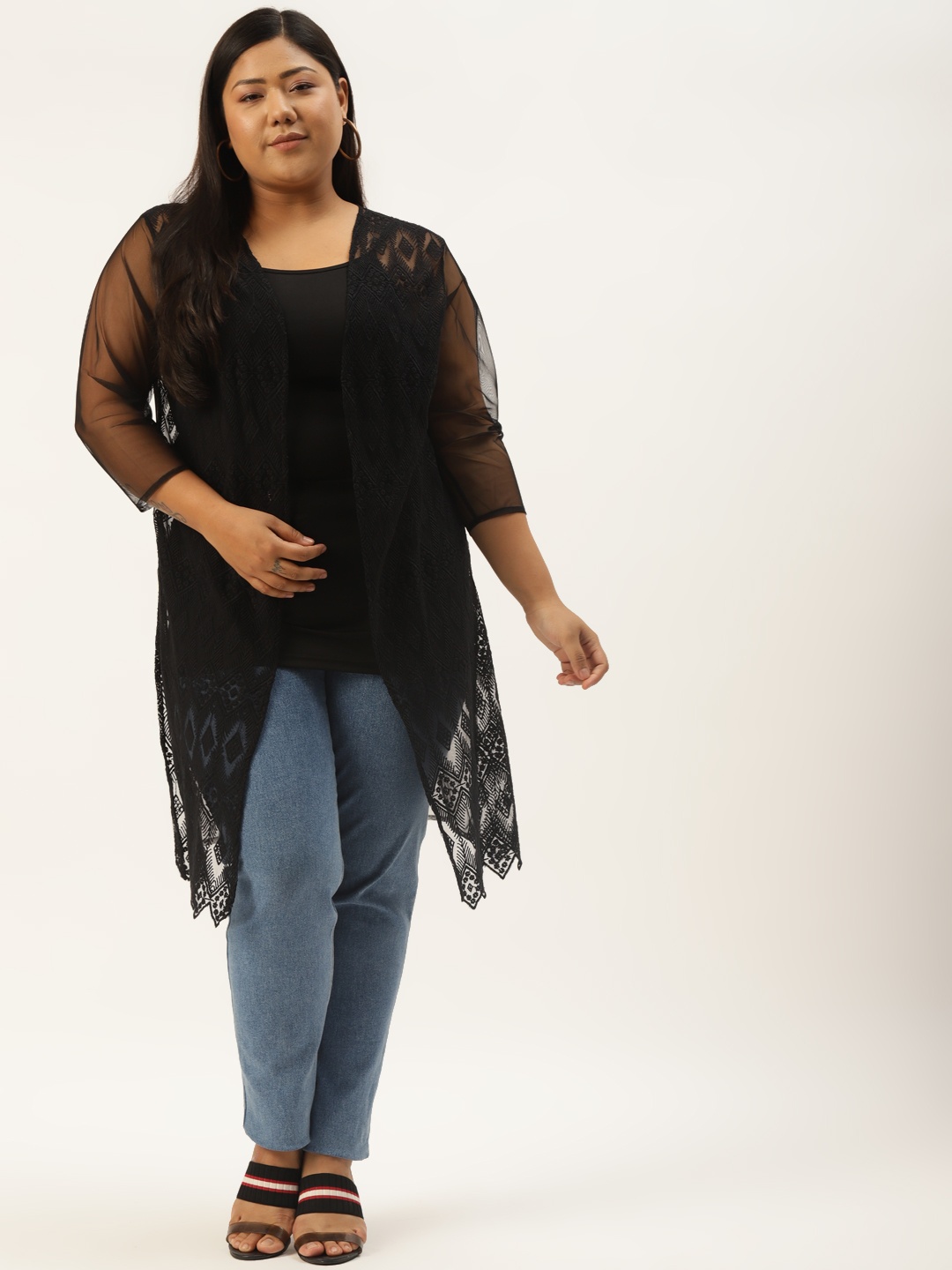 

Rute Women Plus Size Black Longline Lace Shrug