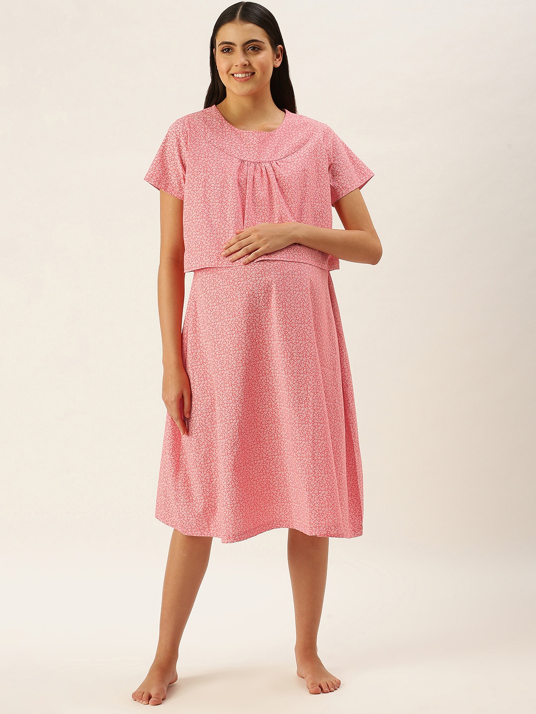 

Nejo Pink & White Pure Cotton Floral Print Maternity Nightdress