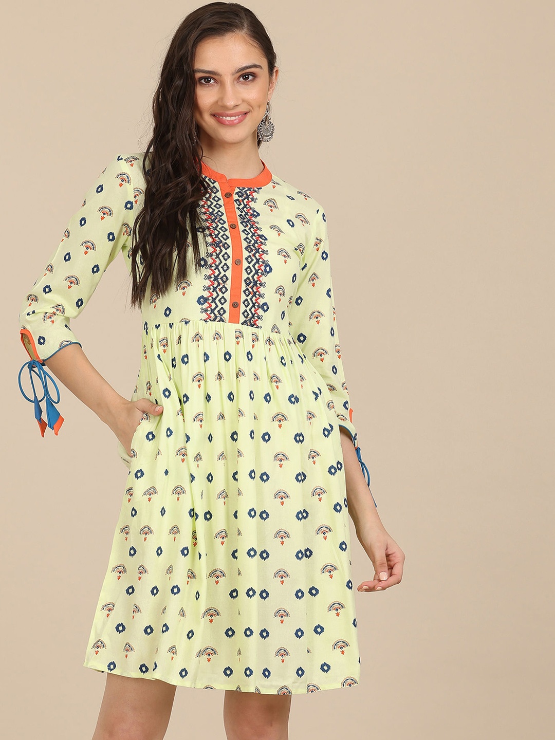 

Karigari Green Ethnic Motifs Fit and Flare Dress