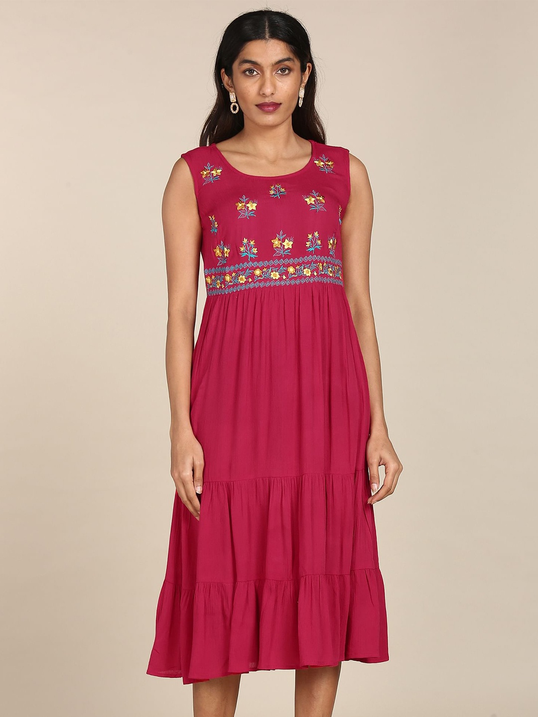 

Karigari Pink Ethnic Motifs Embroidered Ethnic A-Line Midi Dress