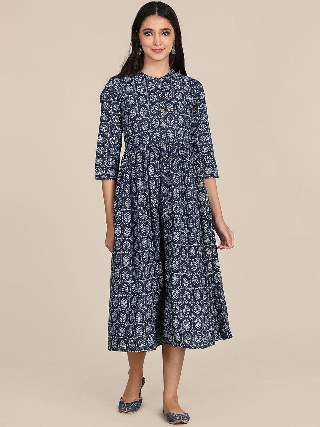 

Karigari Women Navy Blue & Blue Ethnic Motifs Printed Fit & Flare Dress