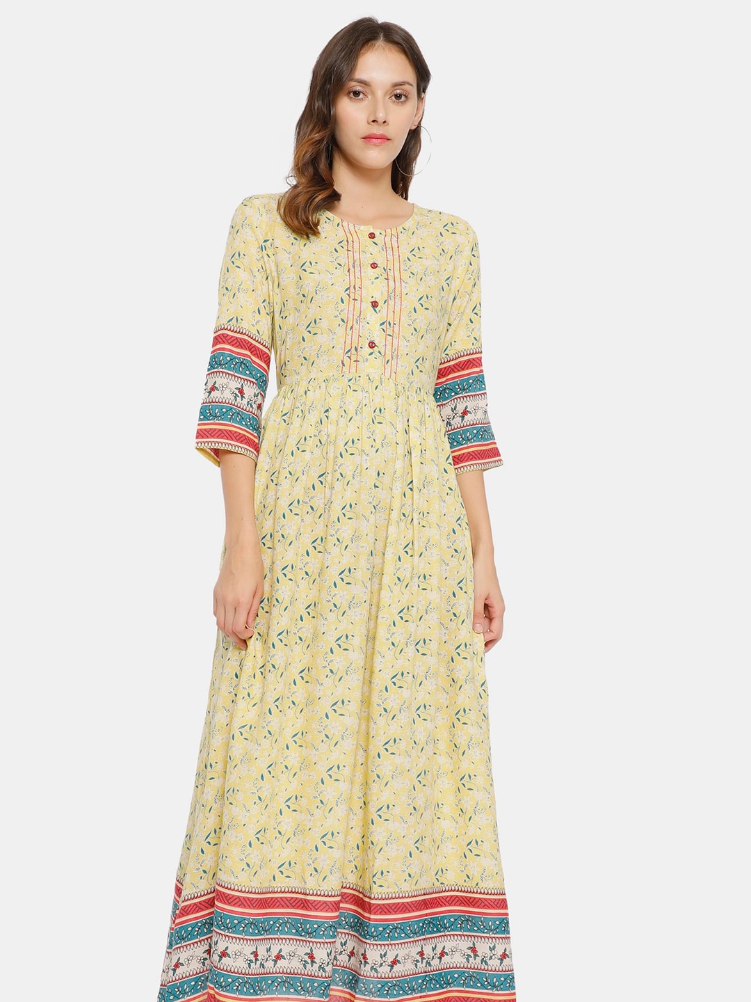 

Karigari Women Yellow Floral A-Line Midi Dress